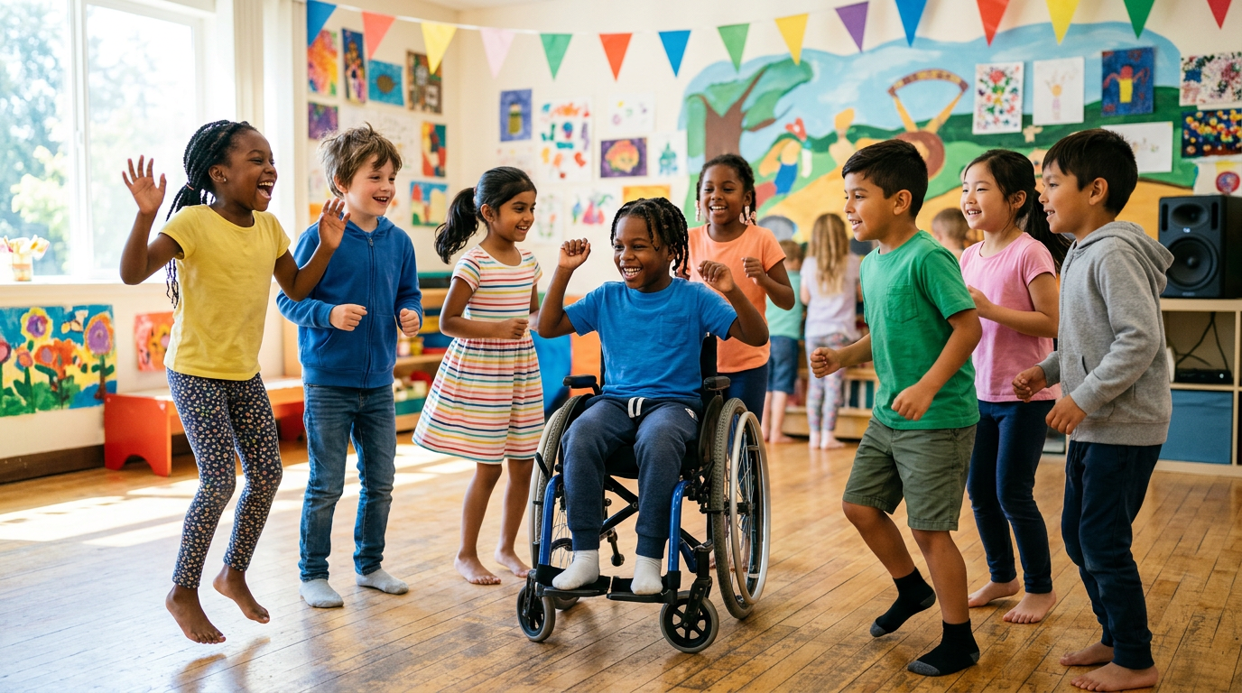 Colorful, racially diverse happy kids dancing with a vibrant music background, including one child in a wheelchair